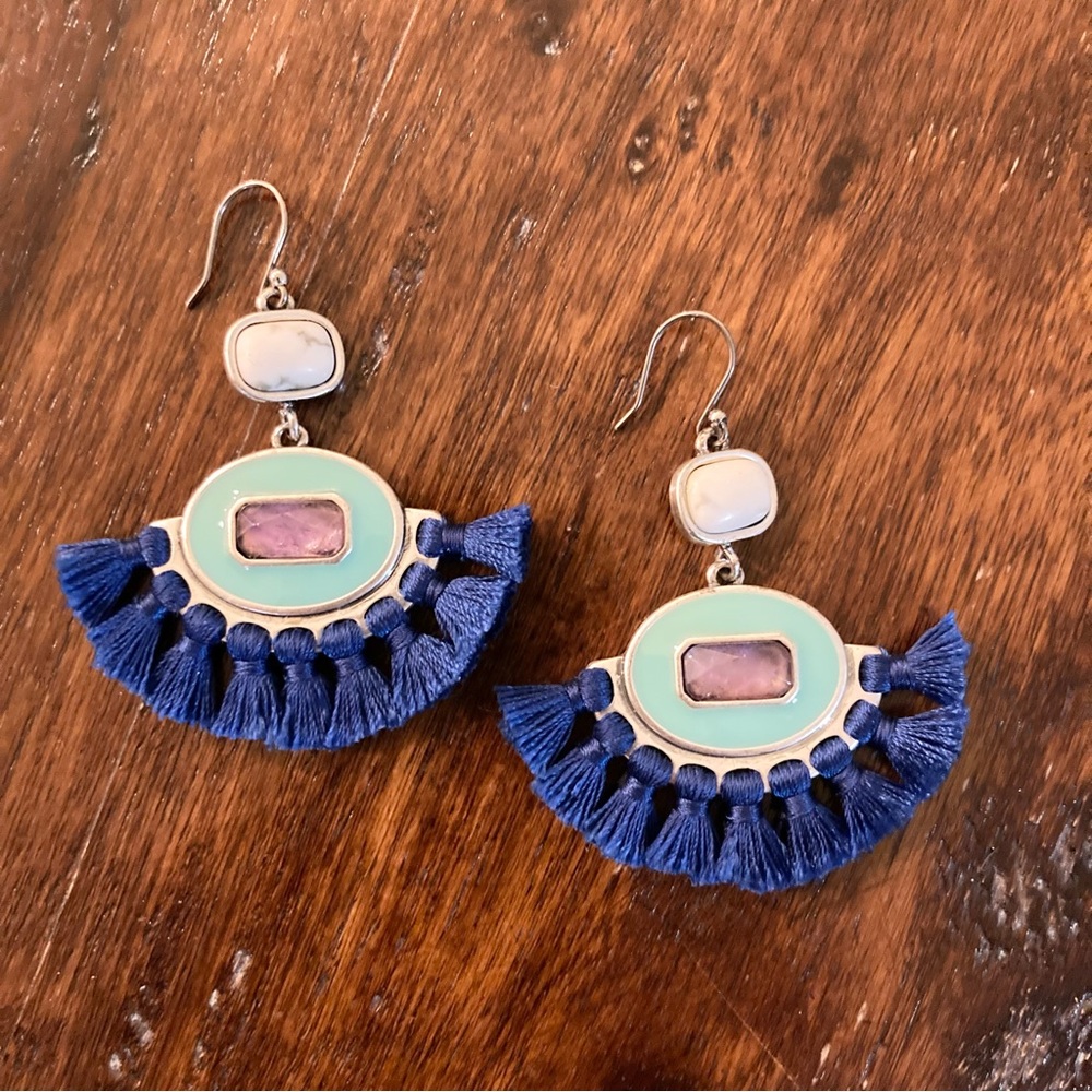 Blue Turquoise and Purple Silver Tassel Earrings